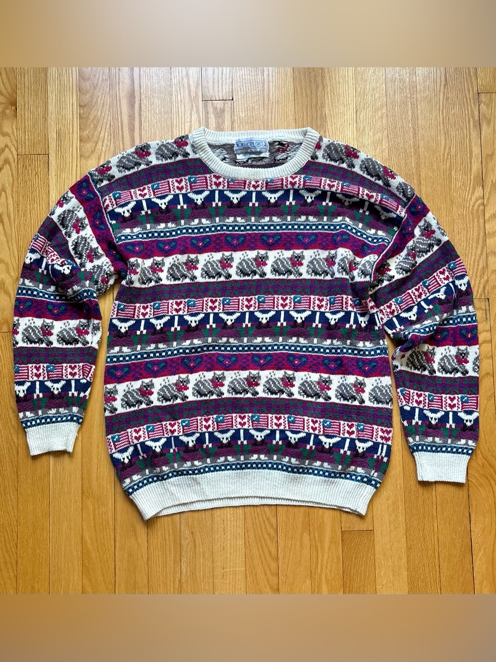 Vintage Northern Isles Men’s Hand Embroidered Crewneck Sweater Large Cat Pattern